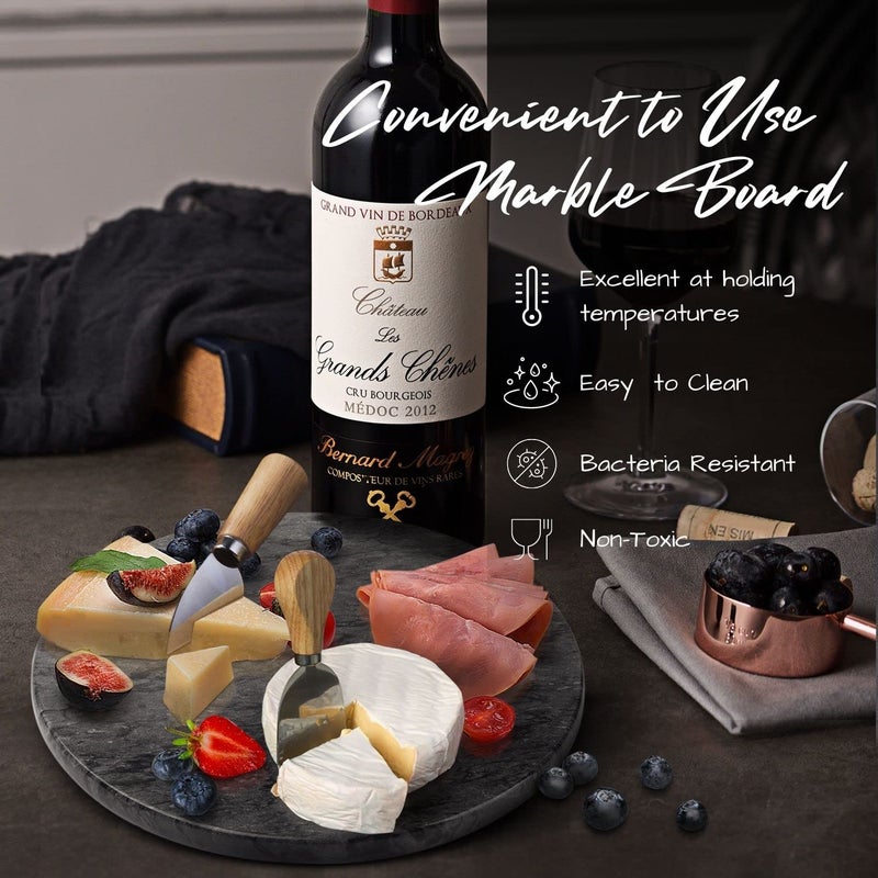 Flexzion Round Marble Cheese Board - 12 Inch Black Marble Serving Board for Charcuterie, Cheese, Cutting, Pastry, Trivet - Non-Stick and Heat Resistant - Image 4